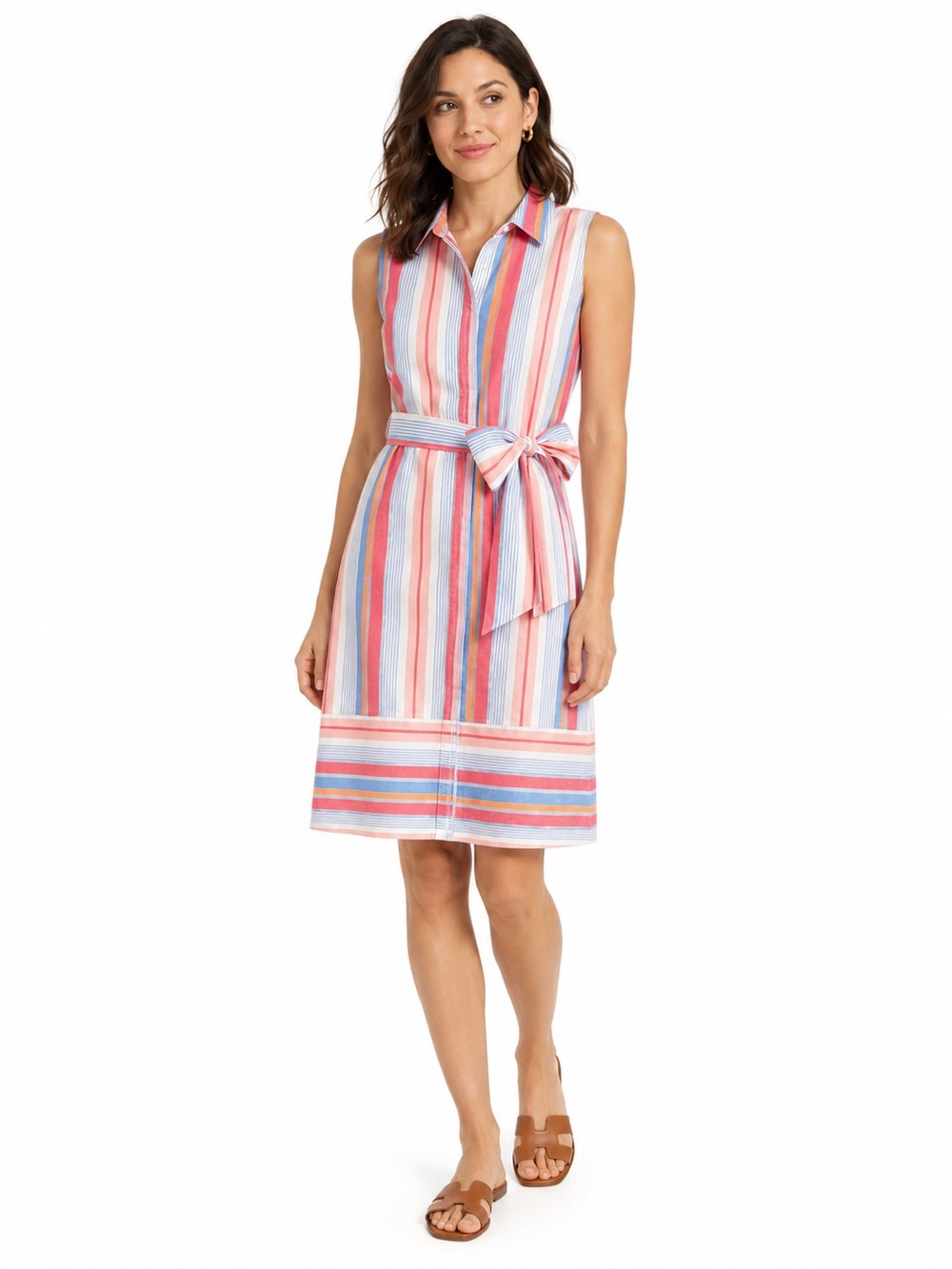 New York & Co. Cotton Stretch Pink & Blue Striped Sleeveless Shirtdress Size Med